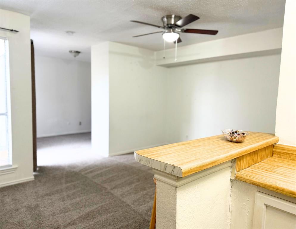 9803 Walnut Street, Unit 308 Dallas, TX 75243 - Photo 4 of 13 Kitchen featuring a textured ceiling, ceiling fan, and carpet flooring