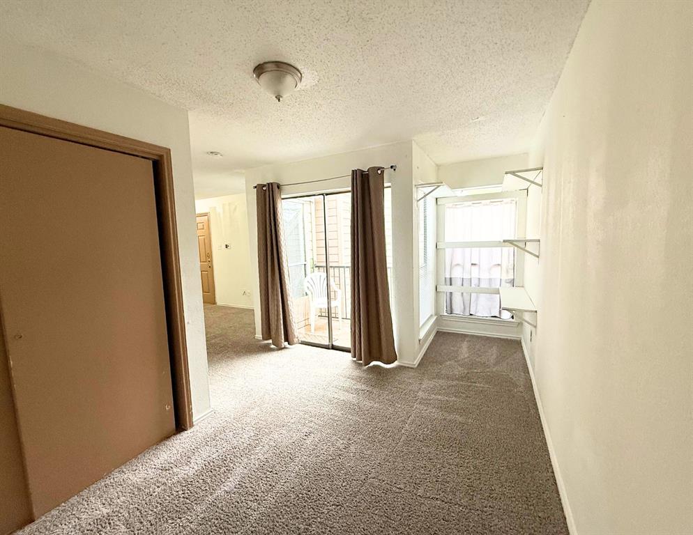 9803 Walnut Street, Unit 308 Dallas, TX 75243 - Photo 10 of 13 Hallway featuring a textured ceiling, a healthy amount of sunlight, and carpet flooring