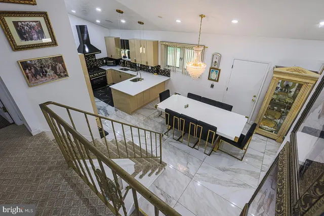 a view of a dining room with furniture