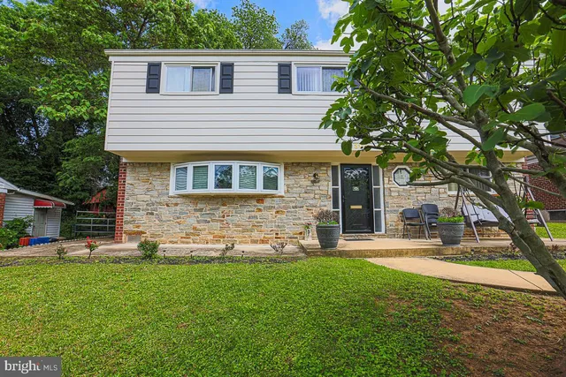 a backyard of a house with plants and large tree