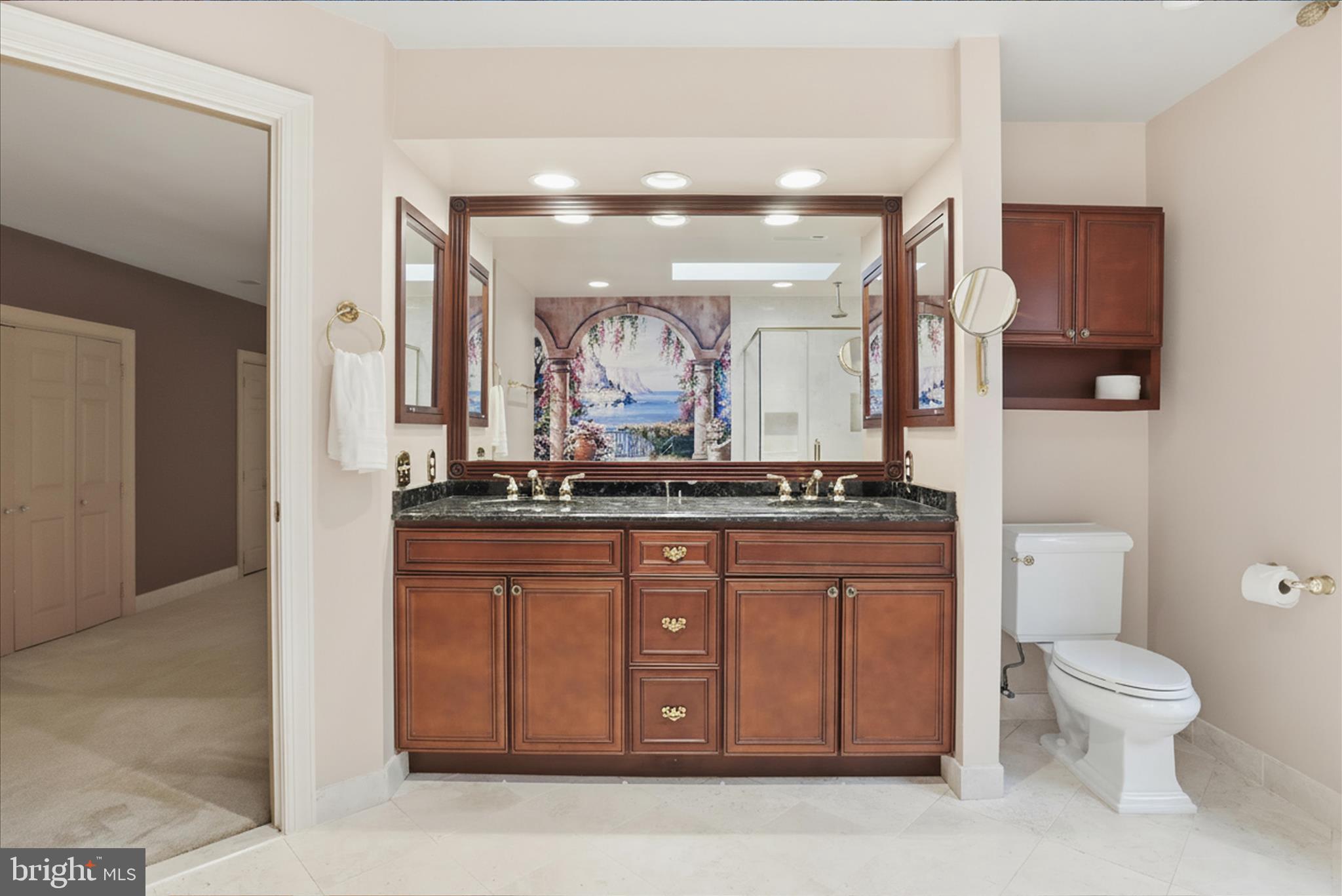 6809 Spout Lane Fairfax Station, VA 22039 - Photo 30 of 81 a bathroom with a granite countertop sink a toilet and a mirror