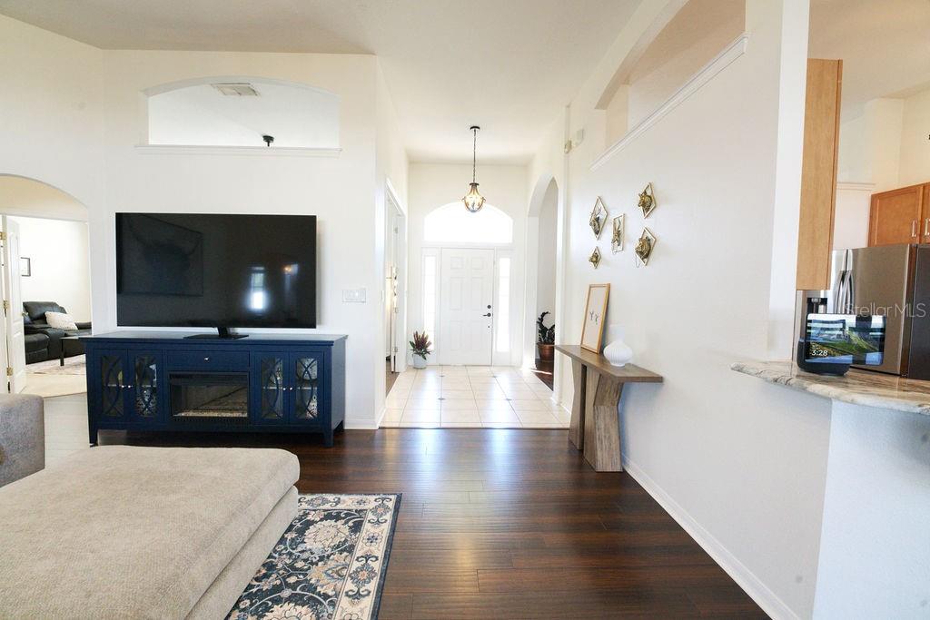 2309 Wolf Ridge Lane Mount Dora, FL 32757 - Photo 11 of 62 a living room with furniture a flat screen tv and a fireplace