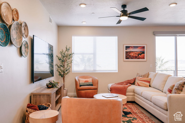 961 West Akoya Pearl Road, Unit 201 St. George, UT 84790 - Photo 6 of 67 Living room featuring plenty of natural light, a ceiling fan, a textured ceiling, and recessed lighting