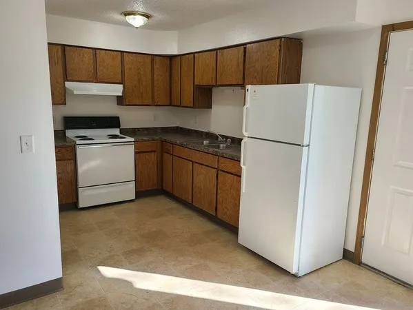 a kitchen with a refrigerator sink stove and cabinets