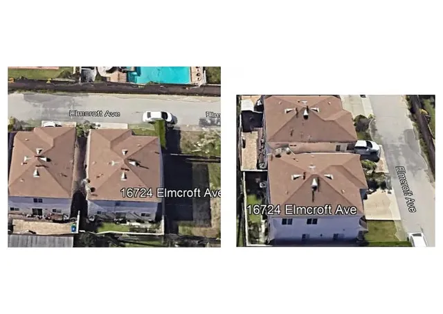 an aerial view of a house with a outdoor space