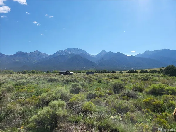 a view of a lush green field with mountains in the background