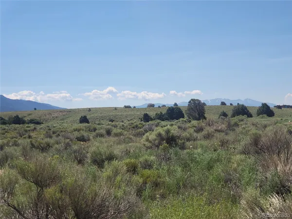 a view of a dry yard with mountains in the background