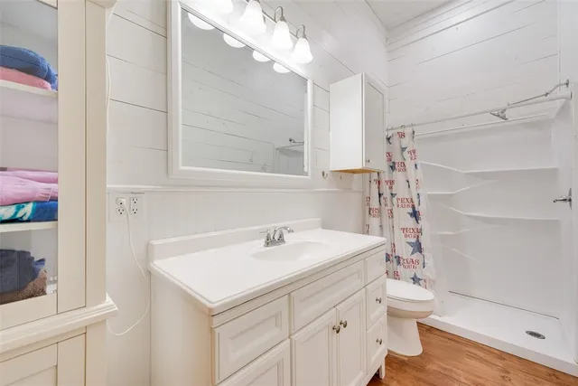 a bathroom with a sink toilet vanity and shower