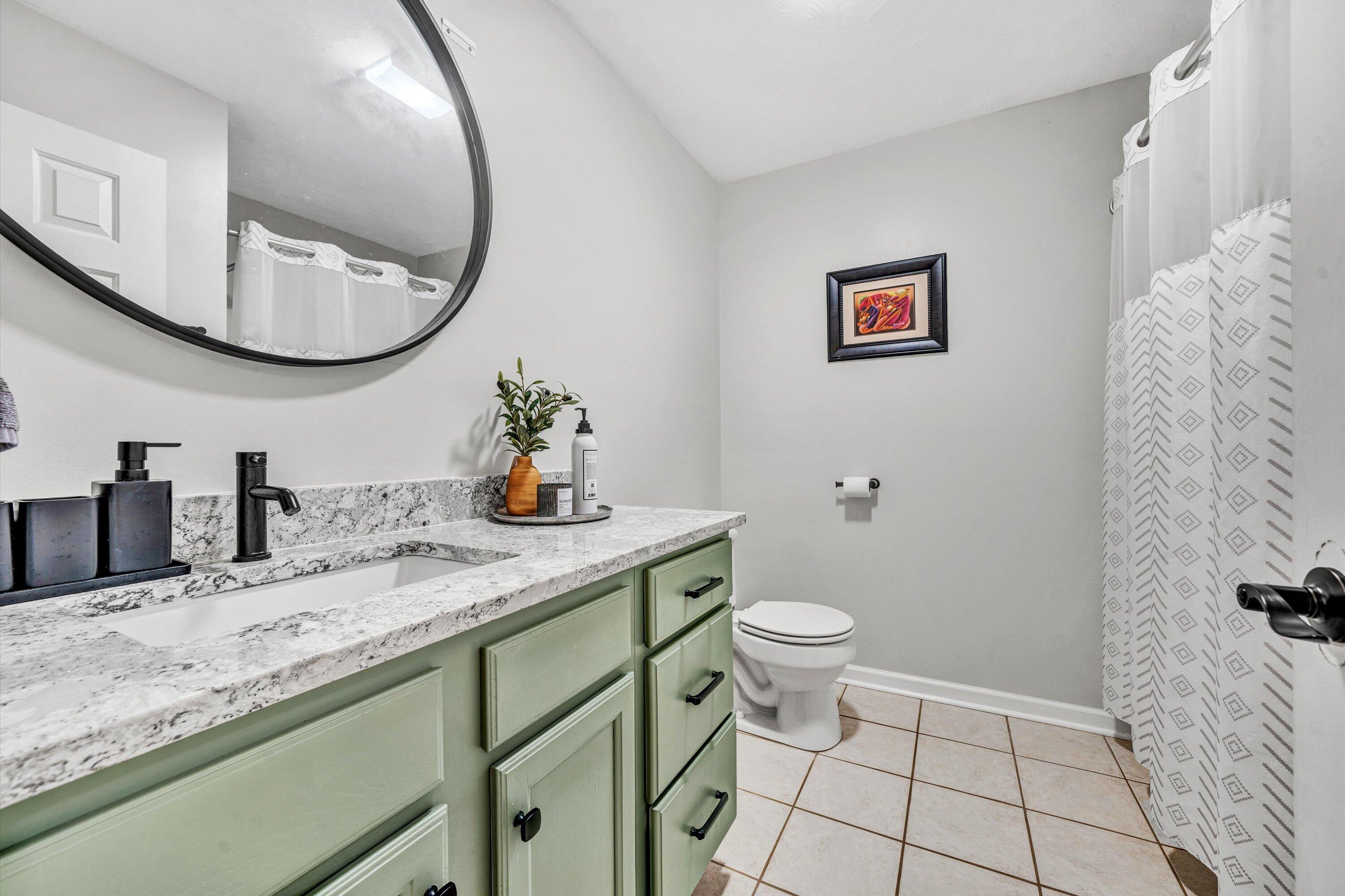 781 Holland Road Callaway, VA 24067 - Photo 18 of 42 a bathroom with a granite countertop toilet a sink and a mirror