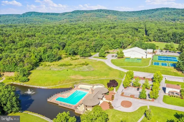 a view of a swimming pool with a yard