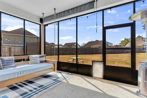 a living room with large window
