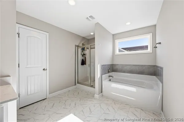 a bathroom with a bathtub and a shower