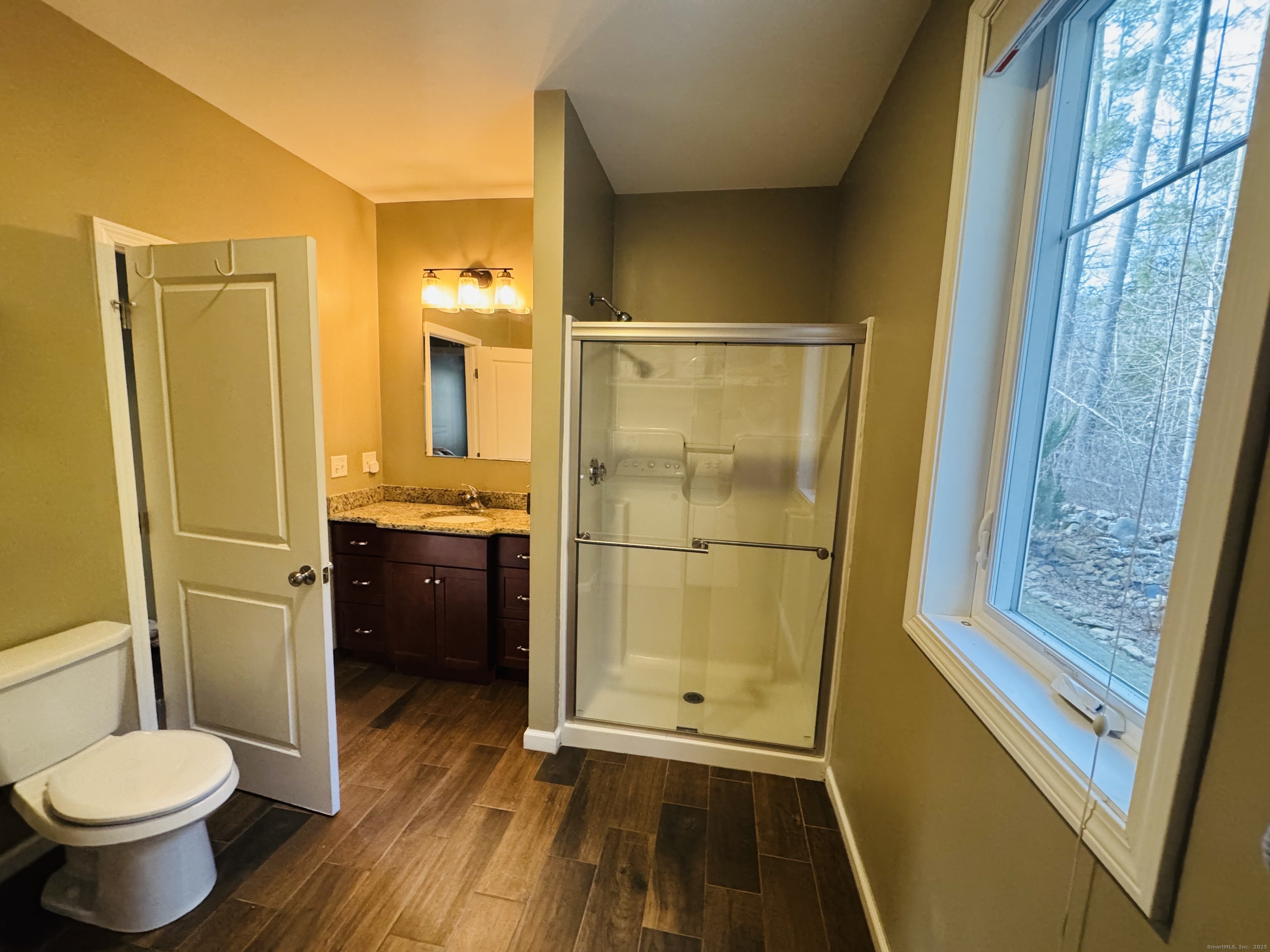 123 Ashford Road, Unit 1 Eastford, CT 06242 - Photo 16 of 24 a bathroom with a granite countertop toilet and a shower