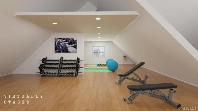 a room with furniture and gym equipment