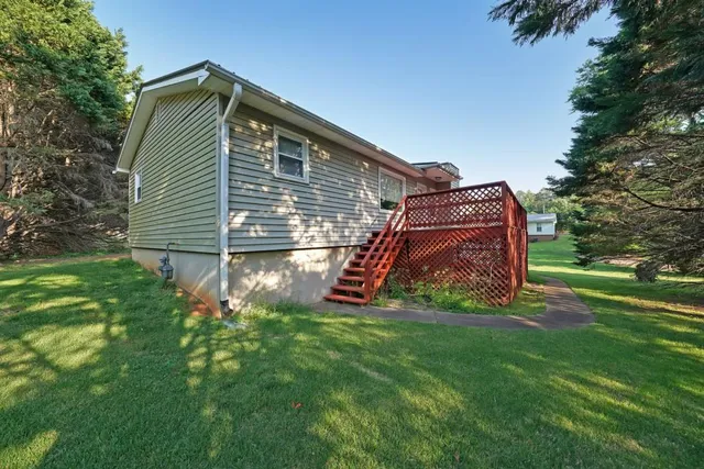 a view of backyard with potted plants and large tree