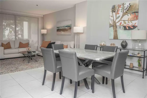 a view of a dining room with furniture