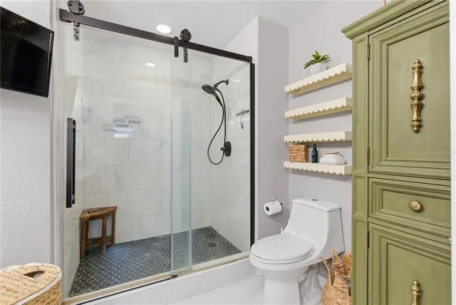 a bathroom with a shower a toilet and a sink