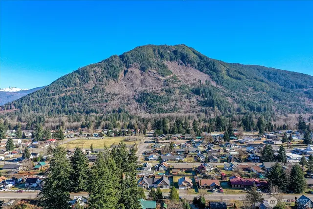 a view of a large building with a mountain in the background