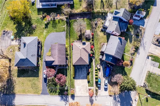 an aerial view of a house with a yard and potted plants