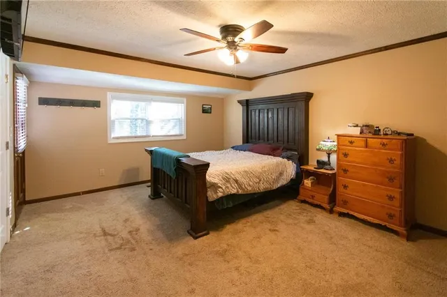 a bedroom with a large bed and a chandelier