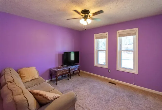 a living room with furniture and a ceiling fan