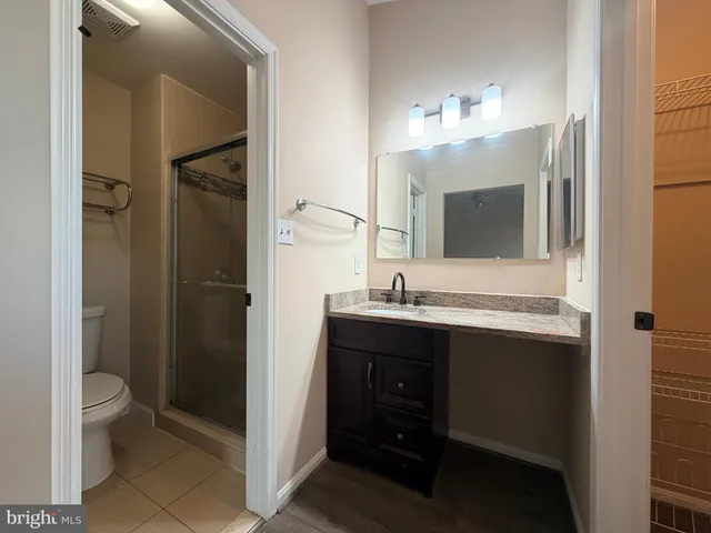 a bathroom with a double vanity sink mirror and toilet