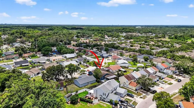 an aerial view of a house with a yard and potted plants