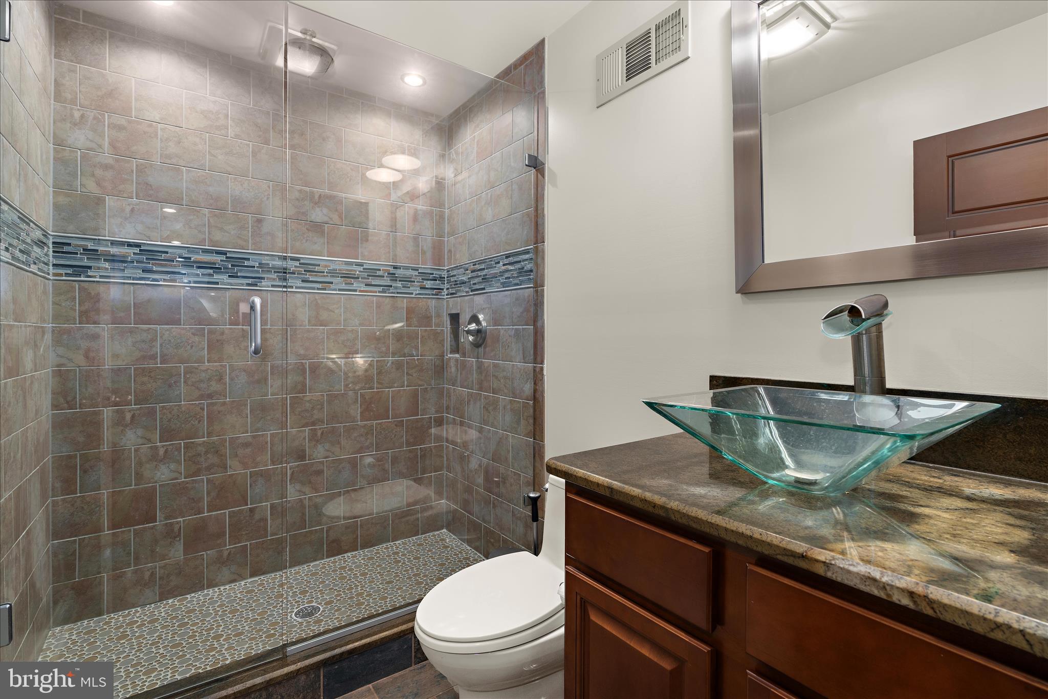 2308 Caves Road Owings Mills, MD 21117 - Photo 33 of 70 a bathroom with a granite countertop sink a toilet a mirror and shower