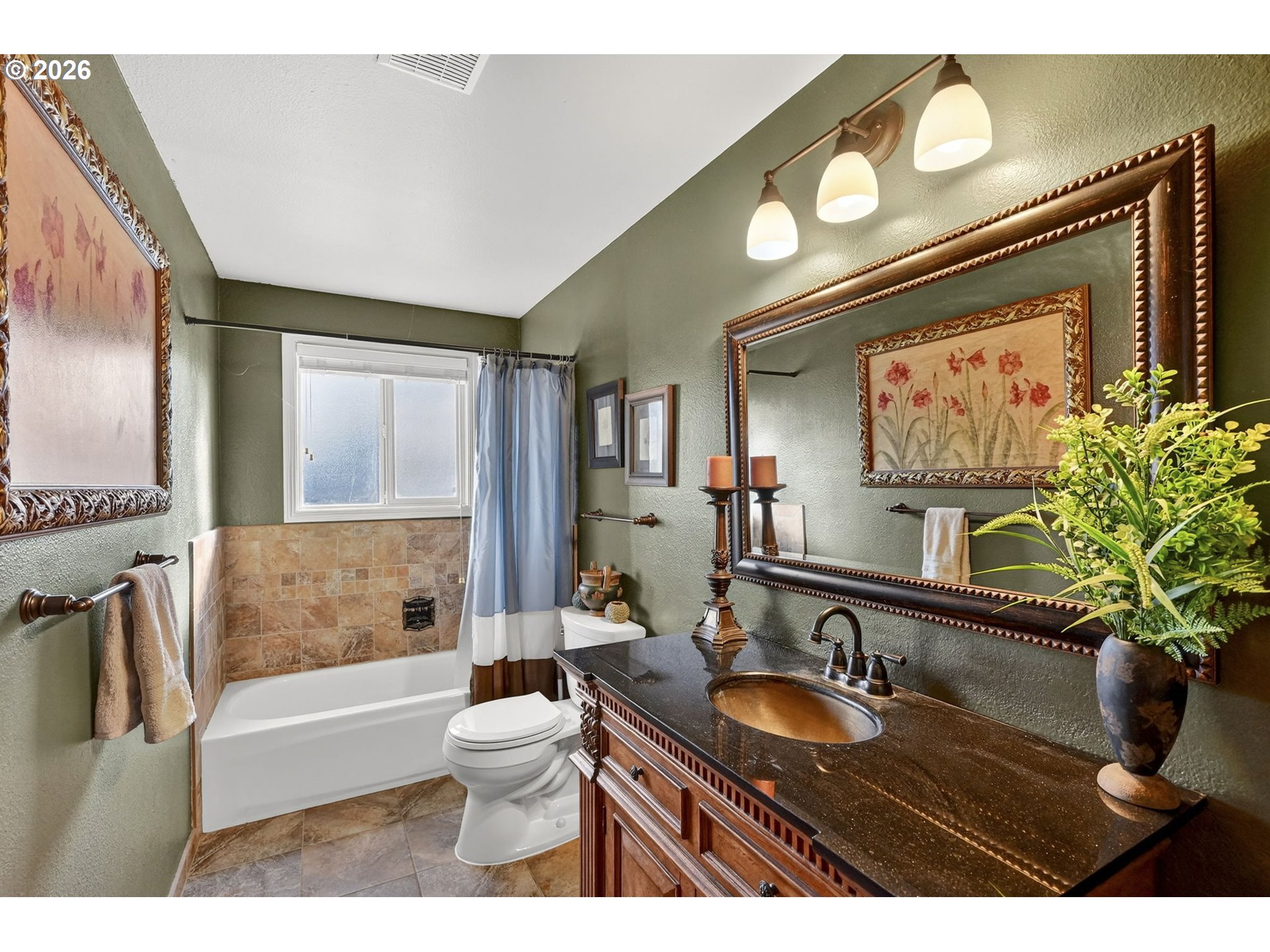 2445 Debok Road West Linn, OR 97068 - Photo 21 of 45 a bathroom with a granite countertop sink a toilet a mirror and bathtub
