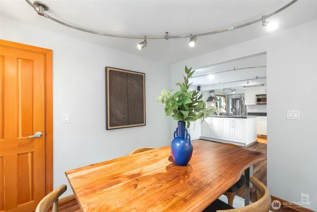 a view of a dining room with furniture