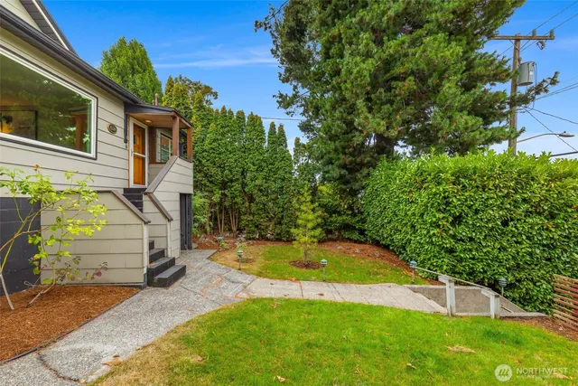 a view of a backyard with swimming pool