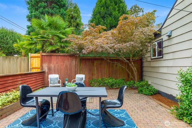 a backyard of a house with table and chairs