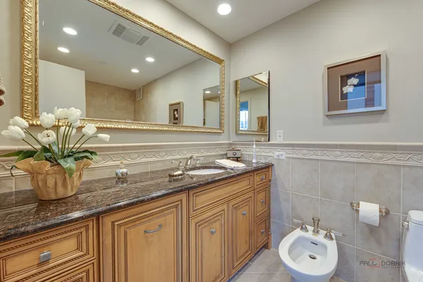 a bathroom with a granite countertop sink a large mirror and a potted plant