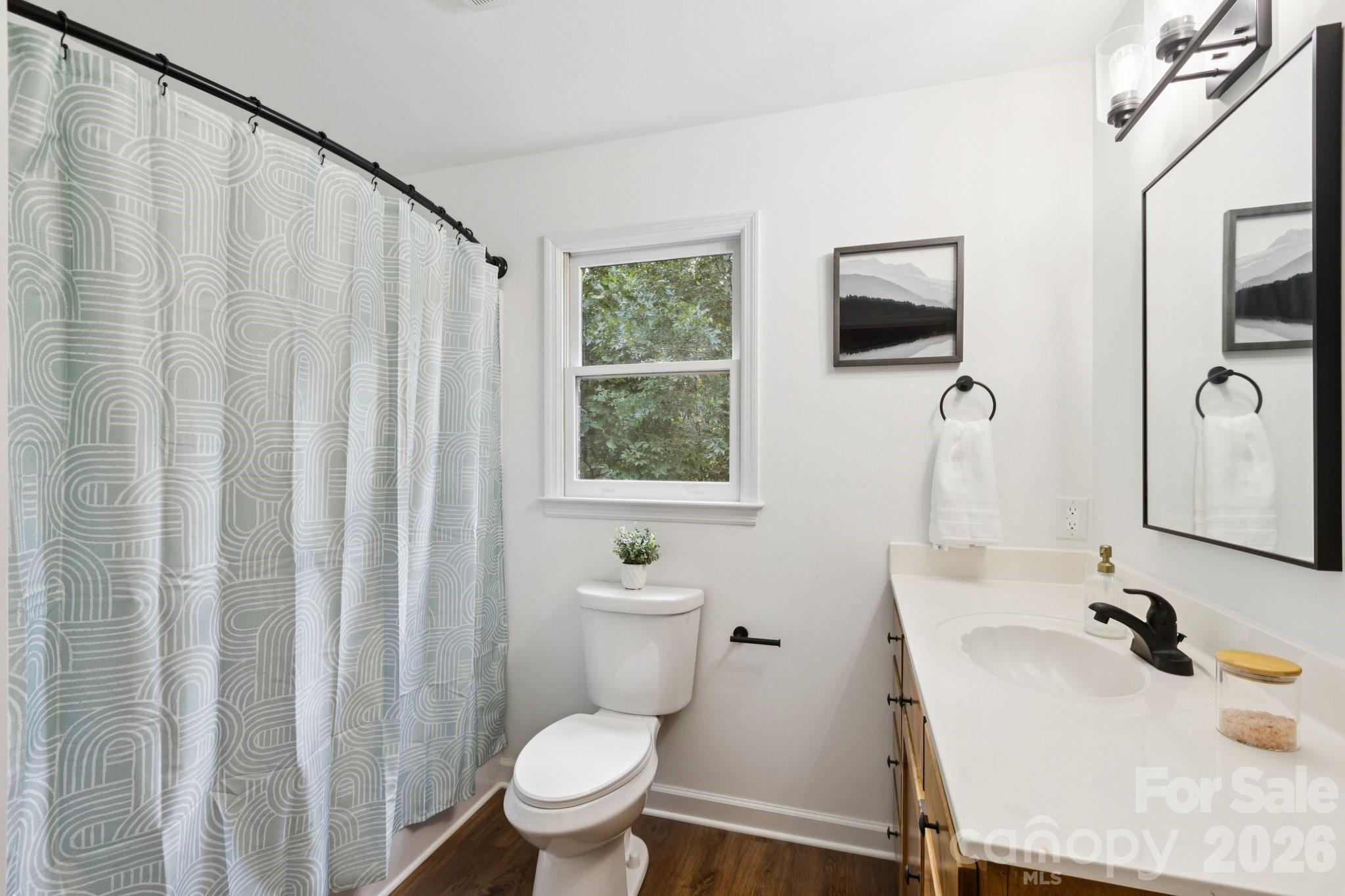 3090 Goblet Road Richburg, SC 29729 - Photo 26 of 48 a bathroom with a sink toilet a mirror and shower curtain