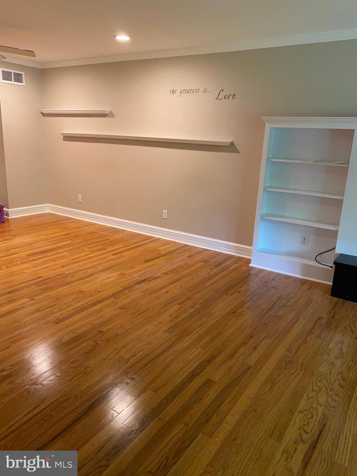Living room with built in bookcases