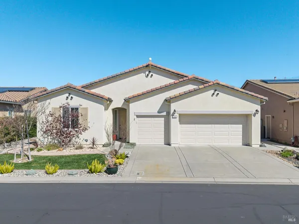 a front view of a house with a yard and potted plants