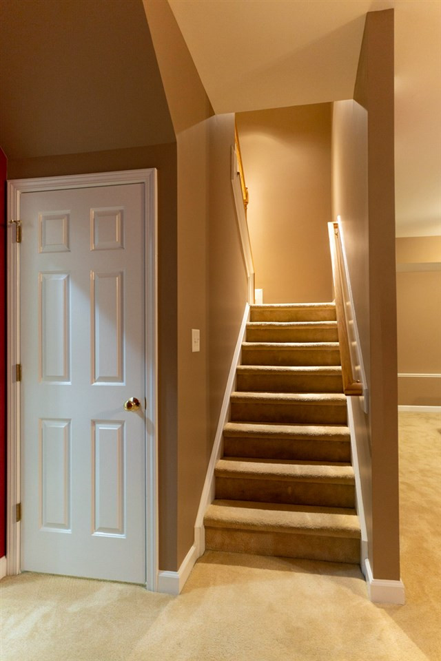 4526 Mistiflower Drive Raleigh, NC 27606 - Photo 15 of 18 Carpet covered stairs leading from family room downstairs to basement area Basement Stairs