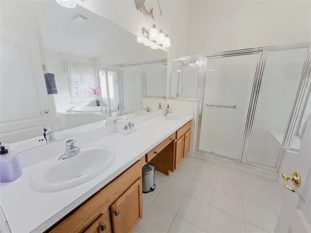 a bathroom with a sink a mirror and a shower