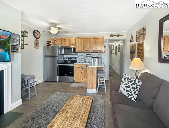 a living room with furniture and a fireplace