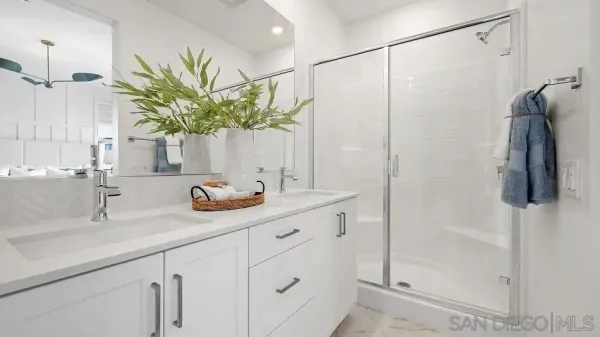 a bathroom with a sink a mirror and a shower