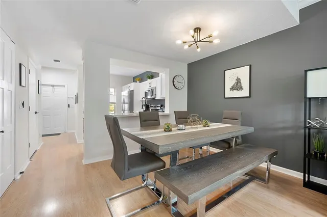 a view of a dining room with furniture