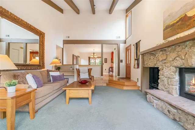 a living room with fireplace furniture and a fireplace