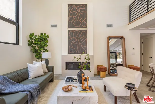 a living room with furniture fireplace and potted plant