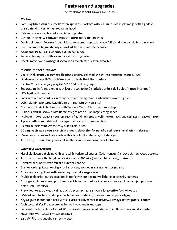 5301 Grover Avenue Austin, TX 78756 - Photo 38 of 40 Features and upgrades list