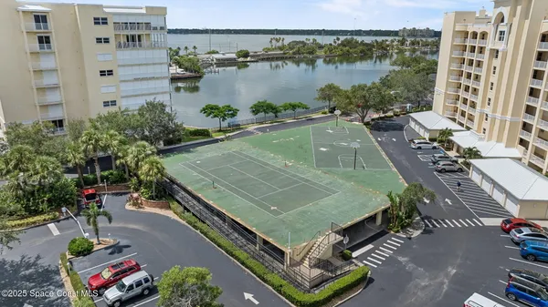 an aerial view of a pool