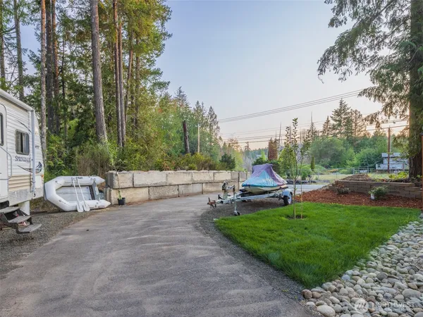 a view of a garden with a slide