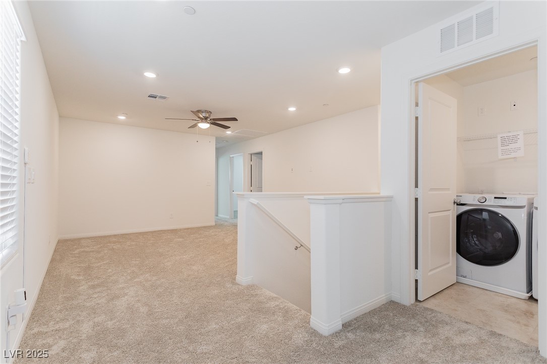 3468 Bradano Lane Henderson, NV 89044 - Photo 19 of 50 Laundry area featuring washer / clothes dryer, light colored carpet, and recessed lighting