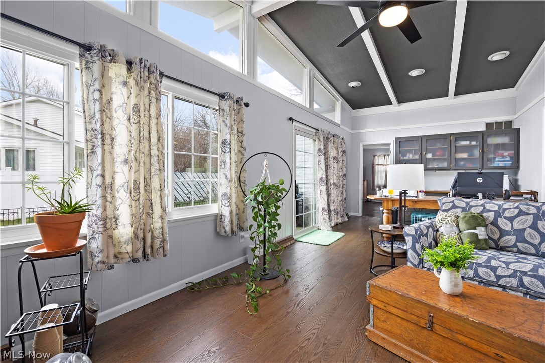 3008 Merriweather Road Sandusky, OH 44870 - Photo 6 of 37 Living room featuring dark hardwood / wood-style floors, plenty of natural light, and ceiling fan