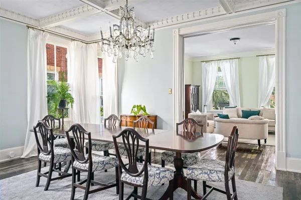 a view of a dining room with furniture window and outside view