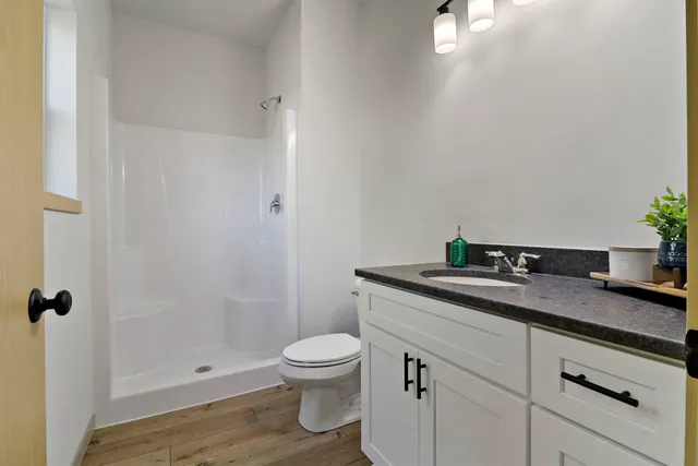a bathroom with a granite countertop sink a toilet and shower